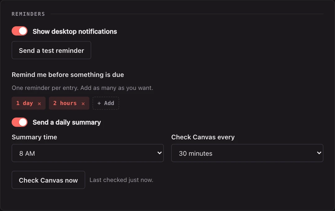 The reminder settings: a switch for desktop notifications, warning times of one day and two
        hours, a daily summary at 8 AM, and a check interval of 30 minutes.